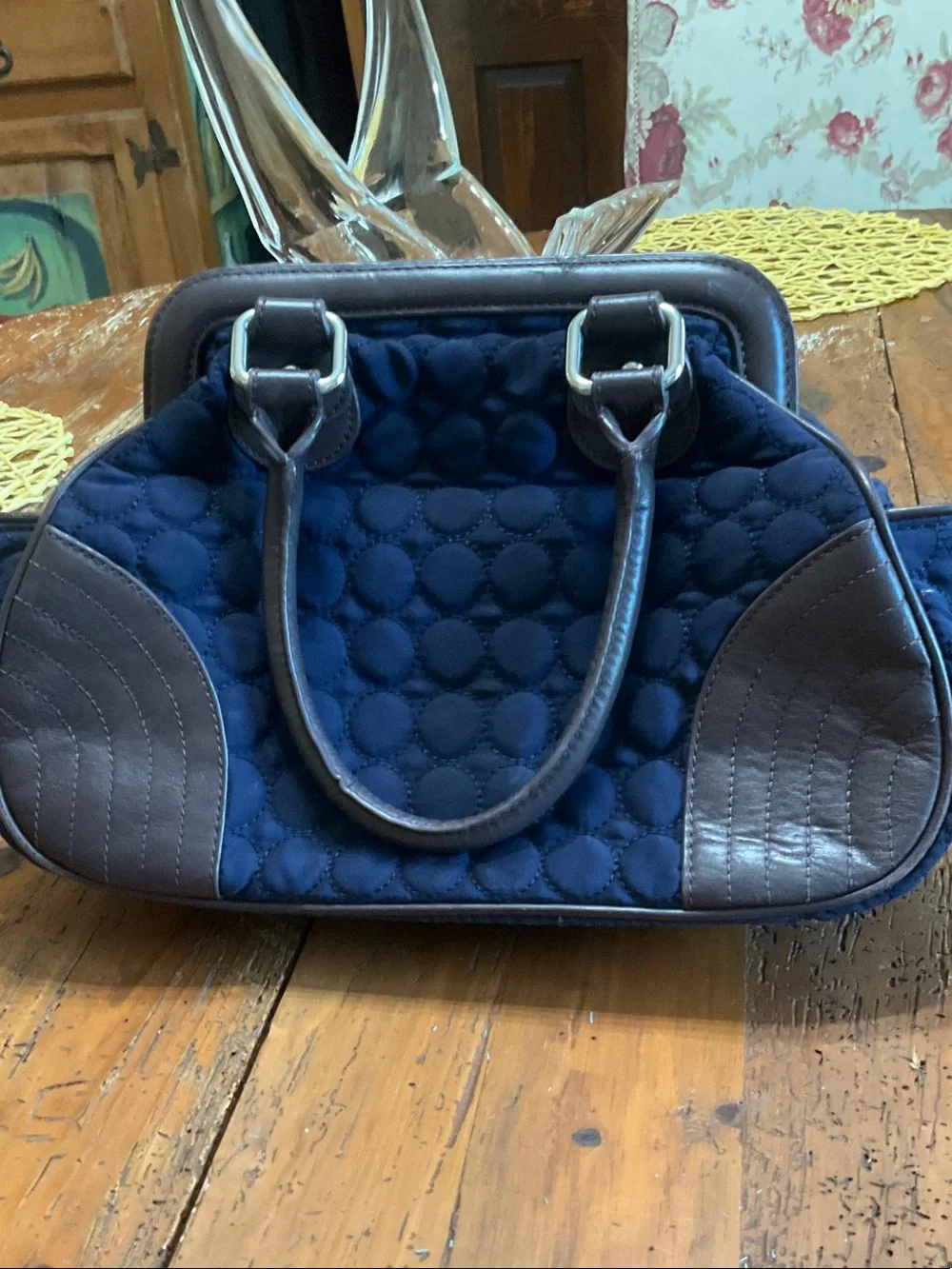 Vera Bradley Navy Quilted Satchel with Brown Trim and Handles